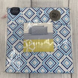 Trina Turk Sheet Set FULL White Blue Sonia Geo Diamond Geometric Colorful Modern